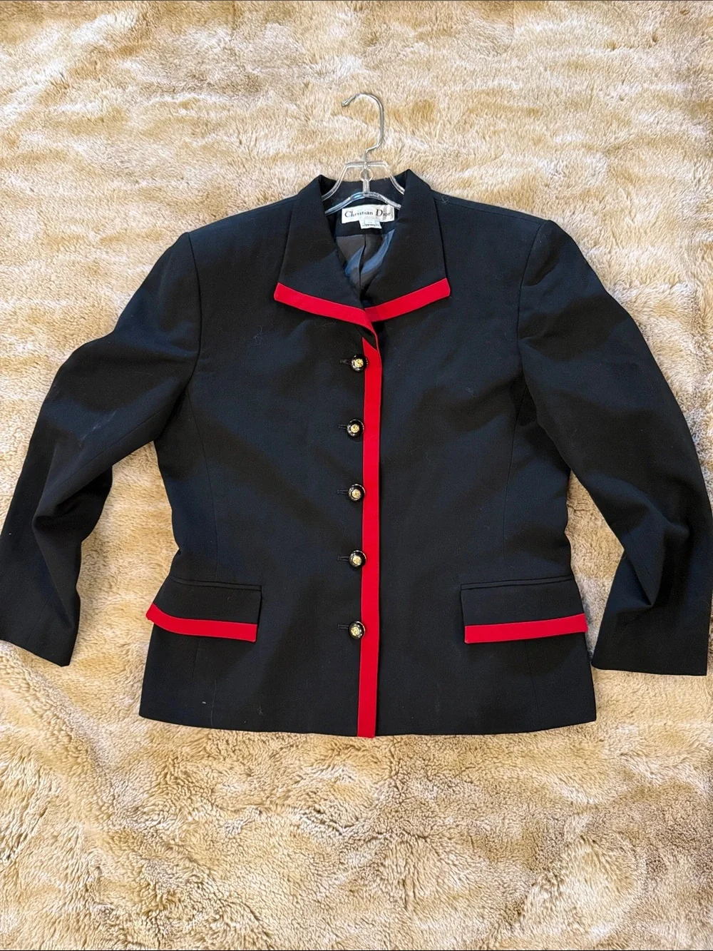 VINTAGE CHRISTIAN DIOR RED TRIM STATEMENT BUTTON BLAZER 14